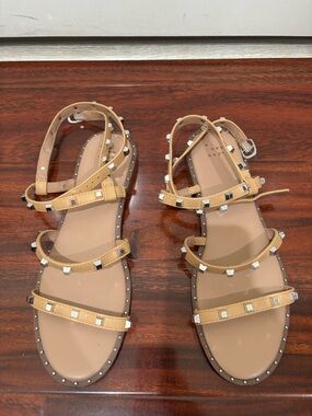 Studded Tan Strappy Flat Sandals Wrap Around
